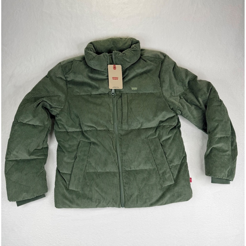 Levis Womens Corduroy Puffer Jacket Green‎ High Loft Insulated Full Zip Medium